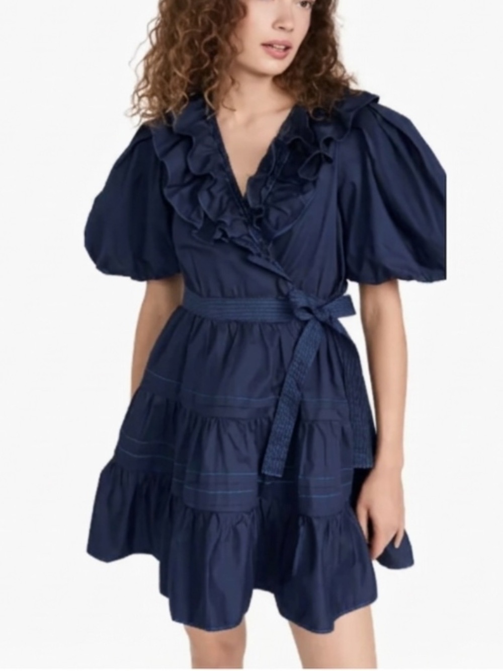 En Saison Gianna Navy Puff-Sleeve Ruffle Wrap Mini Dress 100%Cotton With Pocket